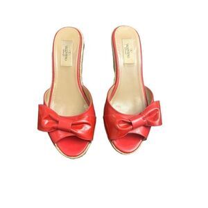 Valentino Mena Bow Hot Pink Patent Leather Wedge Espadrille Slide Sandal sz 38 (